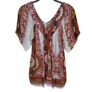 Shoreline Boho Dashiki Print Top Flowy Gauzy V-Neck Butterfly Sleeve Red Small